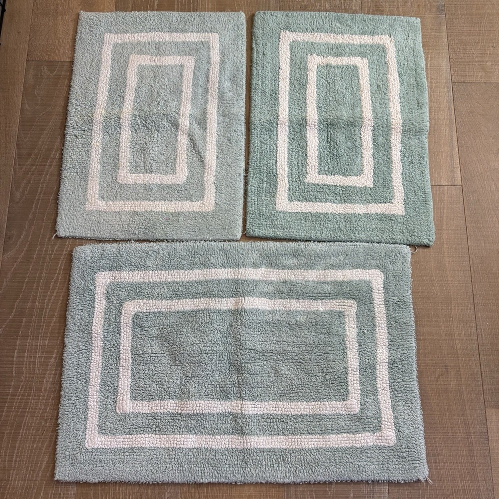 Plush 100% Cotton Bath Mat Rug Set Geometric Rectangle Green/White 3pc
